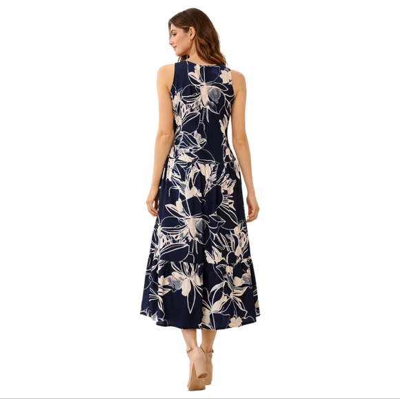 Calvin Klein Navy Floral Maxi Dress Size 10 Stretch Sleeveless Elegant NWT - Picture 3 of 10